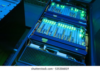 fiber optic with servers in a technology data center .