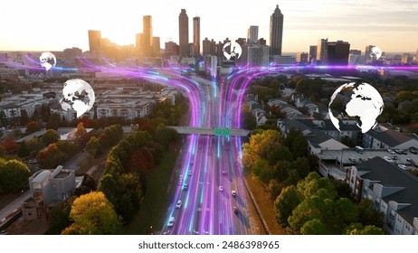 Fiber optic streams over highway showing global internet connectivity in USA city during sunset. 3D graphic over Atlanta cityscape. Aerial - Powered by Shutterstock