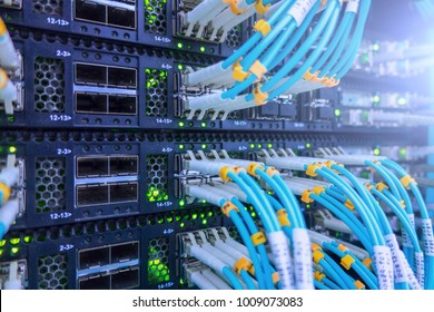 Fiber Optical connector interface. Fibre Channel swich. Severs computer in a rack at the large data center. has a small noise.
