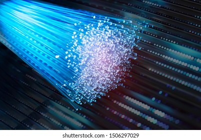 fiber optics network cable for ultra fast internet communications, thin light threads that move information at high speed.