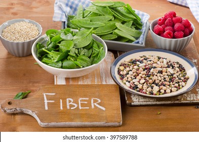 Fiber Rich Foods On Wooden Board. Healthy Eating