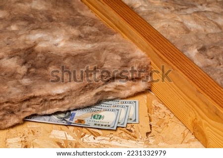 Fiberglass insulation in attic of house with cash money. Home energy savings, heating and cooling costs and construction concept.