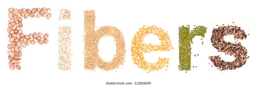 fibers, alphabet dry foods on white background.