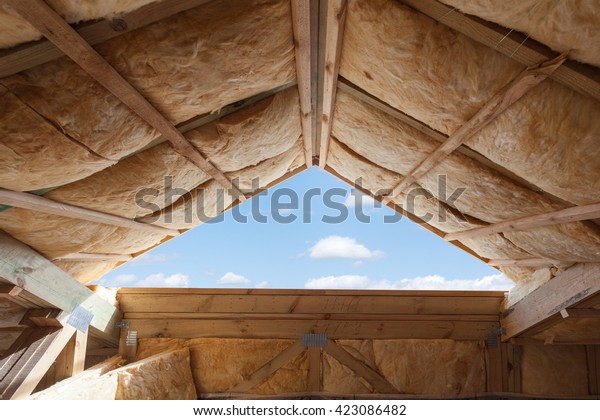 Fibreglass Insulation Installed Sloping Ceiling New Stock Photo