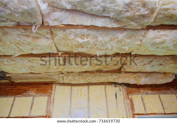 Fibreglass Insulation Installed Sloping Ceiling New Stock Photo