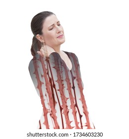 Fibromyalgie, fibromyalgia: woman with constant neck pain, double exposure effect.