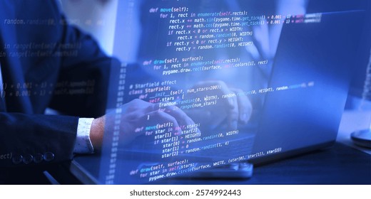 Fictional code reflected on laptop screen with hands typing, symbolizing virtual development space for creative and computational innovation. Concept of IT solutions, applications, SEO copywriting. Ad
