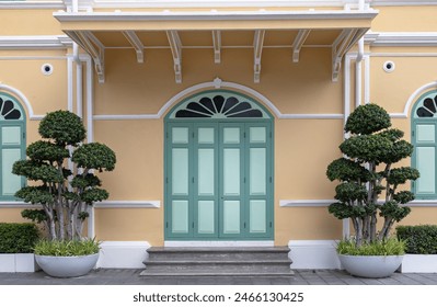 Ficus Bonsai Multi Heads in two pots are between the green door entrance, Colonial architectural style in front of Pum Tain Pra Sit Building. Archaeological site, Space for text, Selective focus. - Powered by Shutterstock