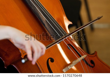 Fiddlestick on the strings of a cello closeup