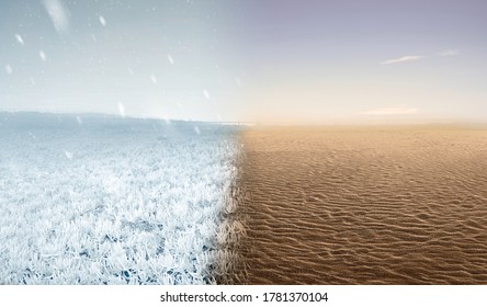 Field With A Cold And Hot Climate. Concept Of Changing The Environment