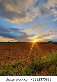 A field of grass with trees and a cloudy sky And shed in a field.A sunset over a field