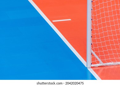 Field hockey, futsal or handball gate equipment in a sports hall gym. Professional sport concept. Horizontal sport poster, greeting cards, headers, website - Shutterstock ID 2042020475