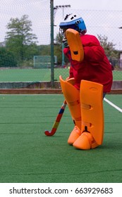 Field Hockey Goalie In Practice Saving A Shot