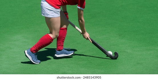 Field Hockey player, ready to pass the ball to a team mate. Horizontal sport theme poster, greeting cards, headers, website and app - Powered by Shutterstock