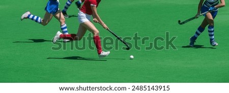 Field hockey players on green turf. Horizontal sport poster, greeting cards, headers, website