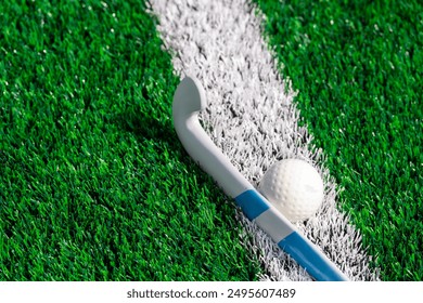 Field hockey stick and ball on green grass. Team sport concept. Horizontal sport theme poster, greeting cards, headers, website and app - Powered by Shutterstock