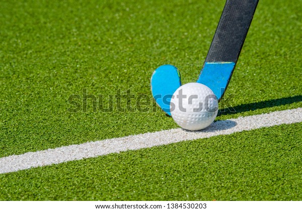 Field hockey stick\
and ball on green grass
