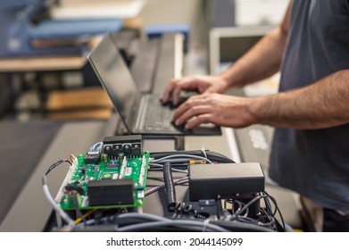 Field Service Maintenance Engineer Technician Electrician Inspect And Control Machine Hardware And Software System With Laptop Computer. Electric Installation