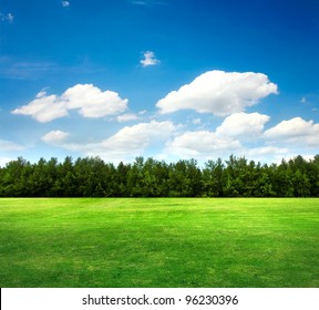 Feld, Bäume und blauer Himmel