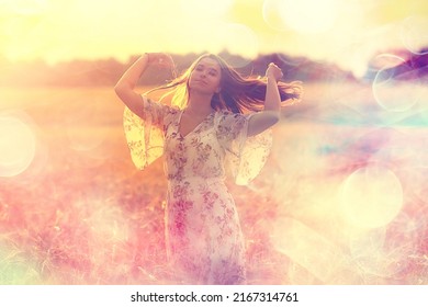 Field Wheat Sunset Girl, Summer Landscape, Outdoor Activity Concept Abstract Freedom Woman