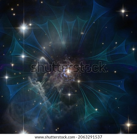 Fields of gravitational and electromagnetic waves around the new galaxy, sci-fi universe. Collage. Elements of this image furnished by NASA.