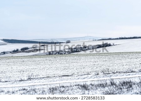 Fields and hills are covered with a thick layer of snow. The landscape shows a winter scene with a gray sky and distant trees. The quiet countryside extends far into the horizon.