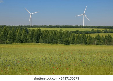 fields in spring with wind turbines