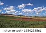 Fields with various colors and light clouds on blue sky with Mount Tavor (Tabor) on the background - Yizrael Valley, Israel