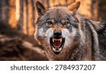 Fierce wolf face in close-up with open jaws and blurred natural wilderness setting