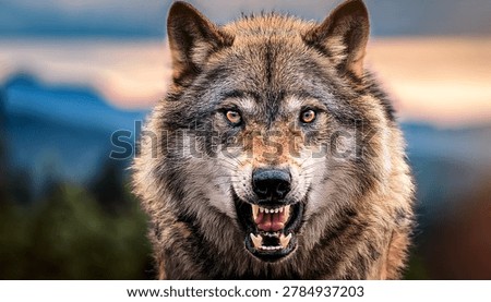 Fierce wolf face in close-up with open jaws and blurred natural wilderness setting