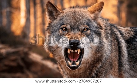 Fierce wolf face in close-up with open jaws and blurred natural wilderness setting