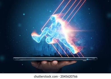 The fiery image of a basketball player cuts out of his smartphone. Creative collage, sports app. Concept for online store, online application, sports betting. - Powered by Shutterstock