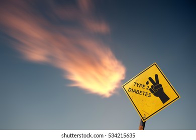 A fiery meteor zooming towards a signpost with the imprint of a hand making a two sign and the word: Type 2 Diabetes for the health concept: Danger impact of Type 2 Diabetes.