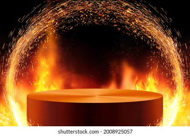 Fiery podium for cooking or food product presentation. Advertising concept.