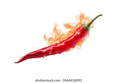 A fiery red chili pepper engulfed in flames, representing hot taste and spiciness isolated