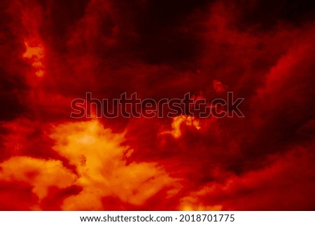  Fiery red color dramatic sky. Fire, war, explosion, catastrophe, flame. Horror concept. Web banner. Bloody red background with copy space for design.                              