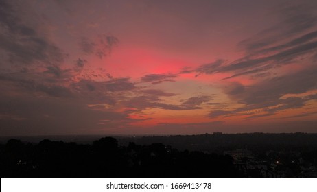 A Fiery Summer Sun Sets Over The Lower Hudson Valley As Seen From The Village Of Tuckahoe In Westchester County, NY