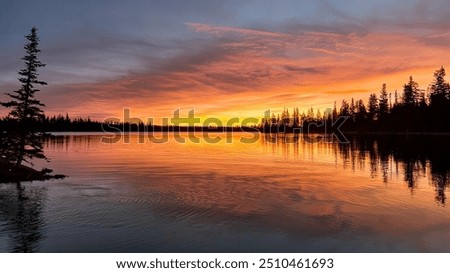 A fiery sunset casts deep oranges and reds on a still lake. Dark pine silhouettes stand against the vibrant sky, creating a peaceful, striking scene with a serene reflection.