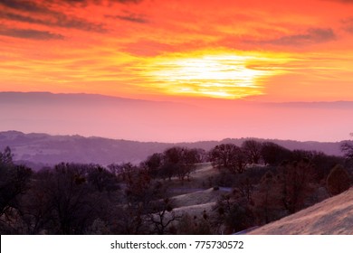 Fiery Sunset Over Silicon Valley From Mount Hamilton. Santa Clara County, California, USA.
