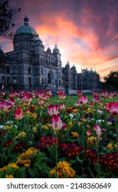 Fiery Sunset Over Victoria Parliament Building. 