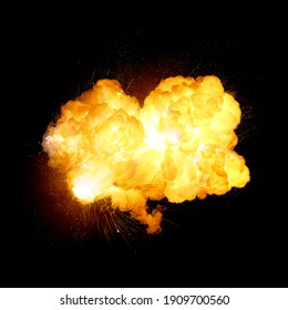 Fiery super bright bomb explosion, orange color with sparks and smoke isolated on black background