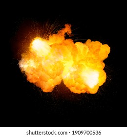Fiery Ultra Bright Bomb Explosion, Orange Color With Sparks And Smoke Isolated On Black Background