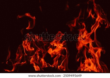 fiery wallpaper.Flame background. Fire texture on black background.Flames on a black background. Tongues of flame, sparks.flames and sparks in the dark.Bonfire close-up. 