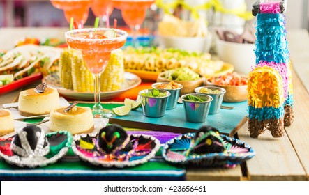 Fiesta Party Buffet Table With Traditional Mexican Food.