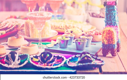 Fiesta Party Buffet Table With Traditional Mexican Food.