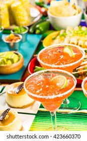 Fiesta Party Buffet Table With Watermelon Margaritas And Other Traditional Mexican Food.