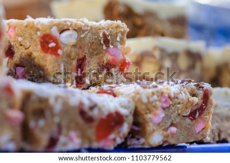 Fifteens, a traybake popular in Northern Ireland, made of marshmallow, coconut, cherries and biscuits.