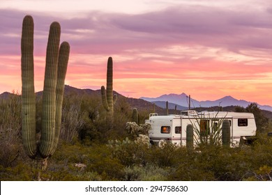 Fifth Wheeler RV parkt auf dem Campingplatz in der Sonoran-Wüste neben Saguaro Cacti