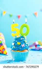 Fiftieth 50th Birthday Cupcake With Candle And Sprinkles. Card Mockup.