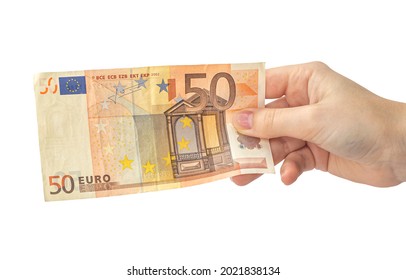 Fifty Euro Bill In Hand Isolated On White Background, Woman Hand With Banknote, Europe Money 